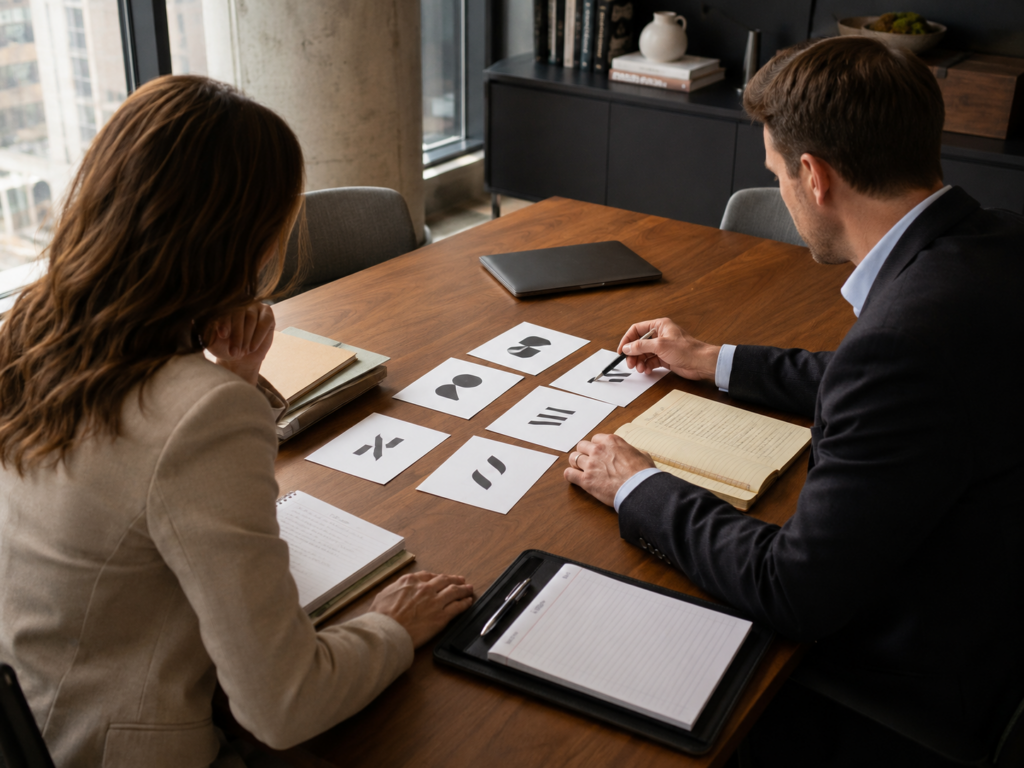 Business owner reviewing potential brand names with a trademark attorney before selecting and registering a trademark.