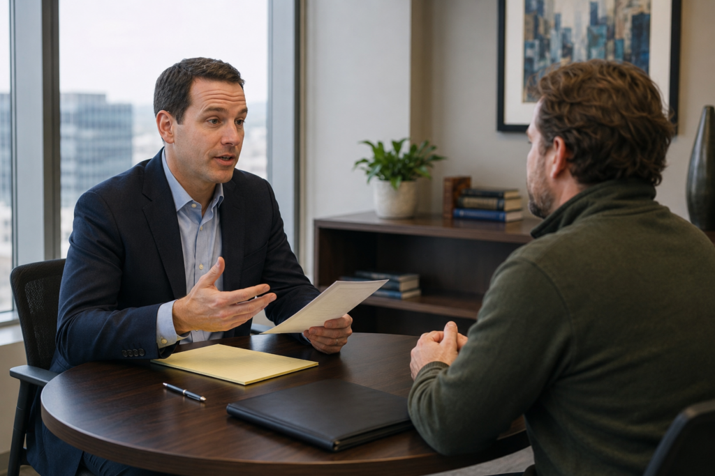 Male intellectual property attorney reviewing IP risk documents with a small business owner in a modern office.