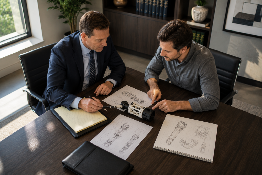 Kansas City patent lawyer reviewing invention drawings before patent filing.